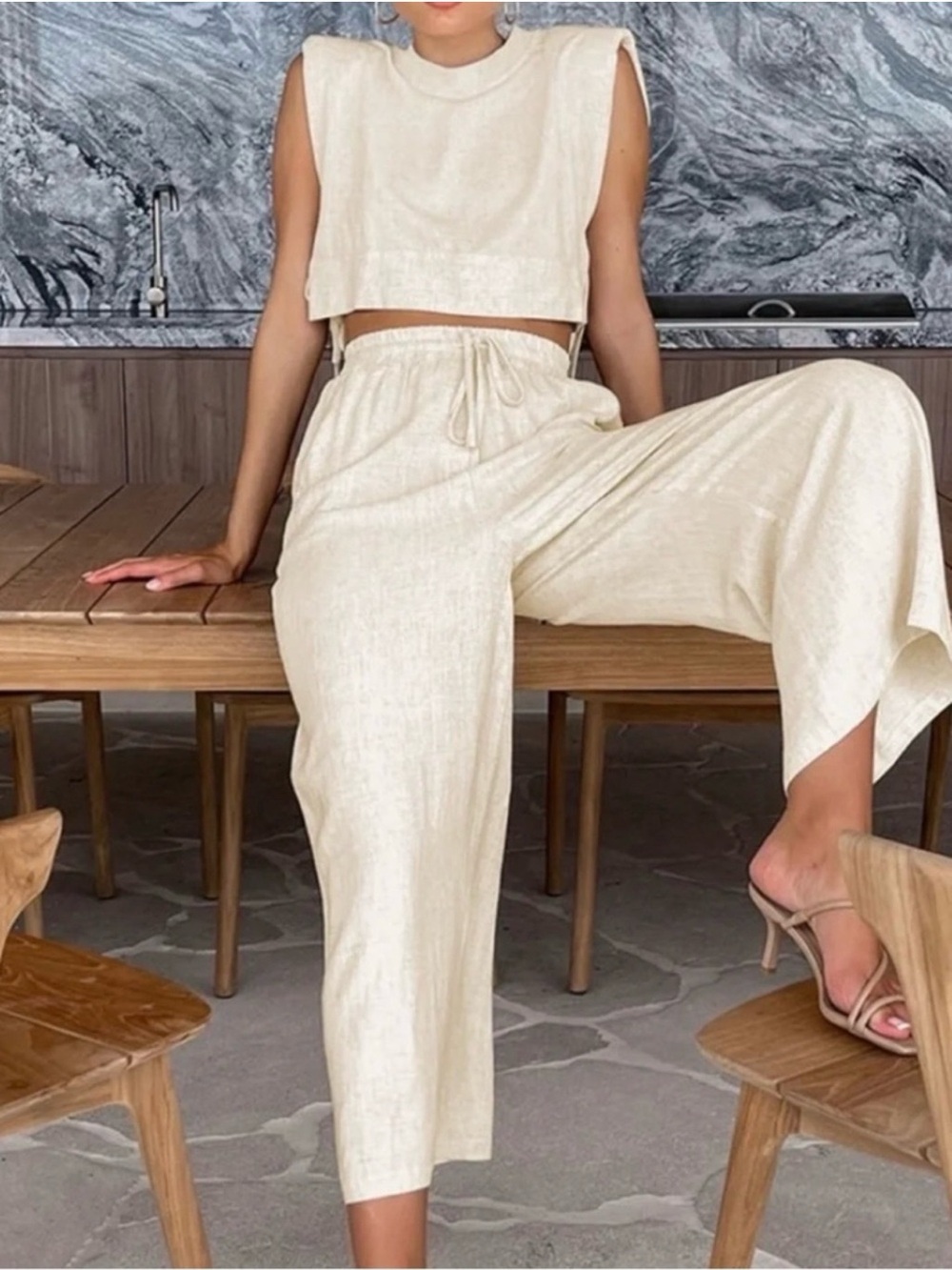 Commense Cream Utility Linen Two Piece Wide Leg Pants Set